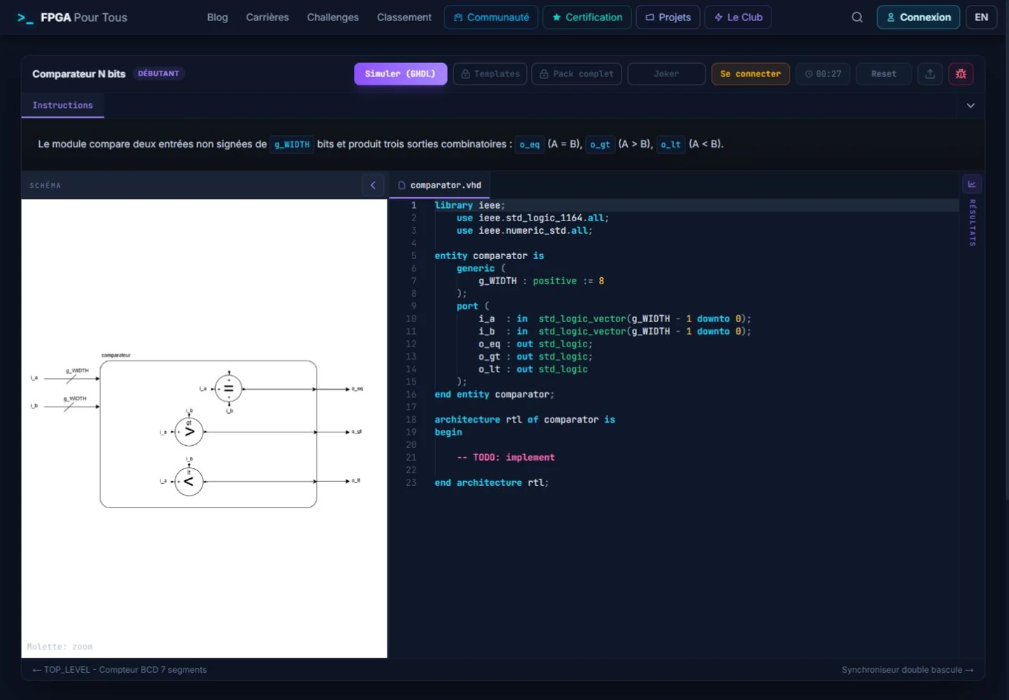 Exercice réel de FPGAPourTous, avec schéma logique et espace de code VHDL.