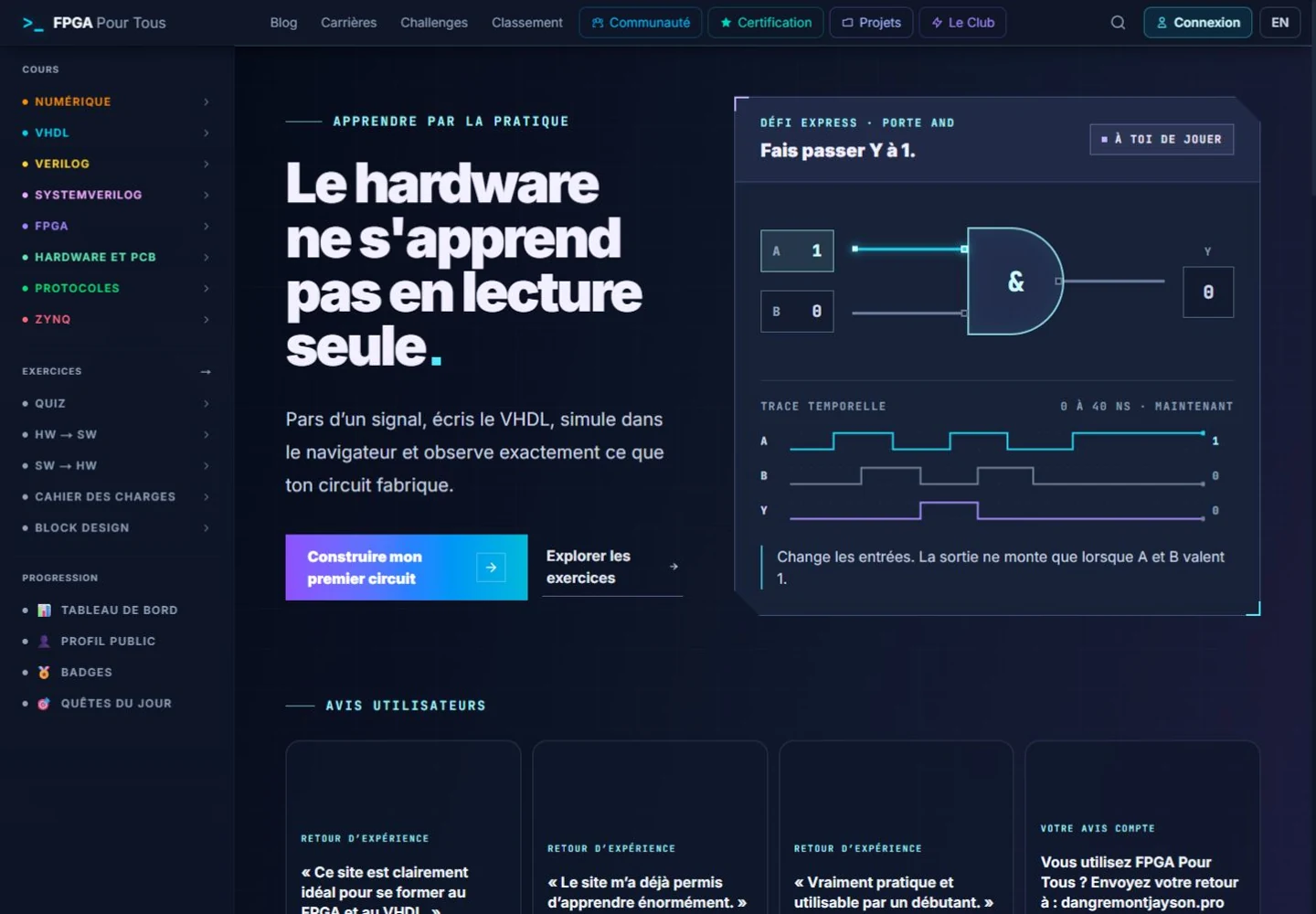 Accueil réel de FPGAPourTous : introduction à l’apprentissage et circuit logique AND interactif.