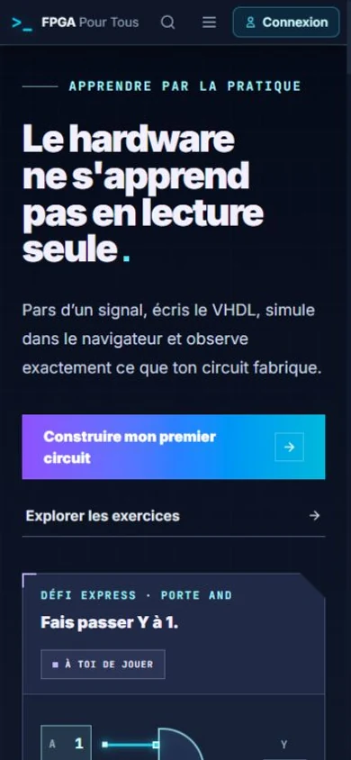 L’accueil de FPGAPourTous consulté sur un écran de téléphone.